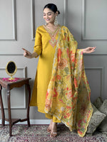 Thumbnail for The52 Women's Mustard Chanderi Embroidered Straight Kurta, Pant and Dupatta Set