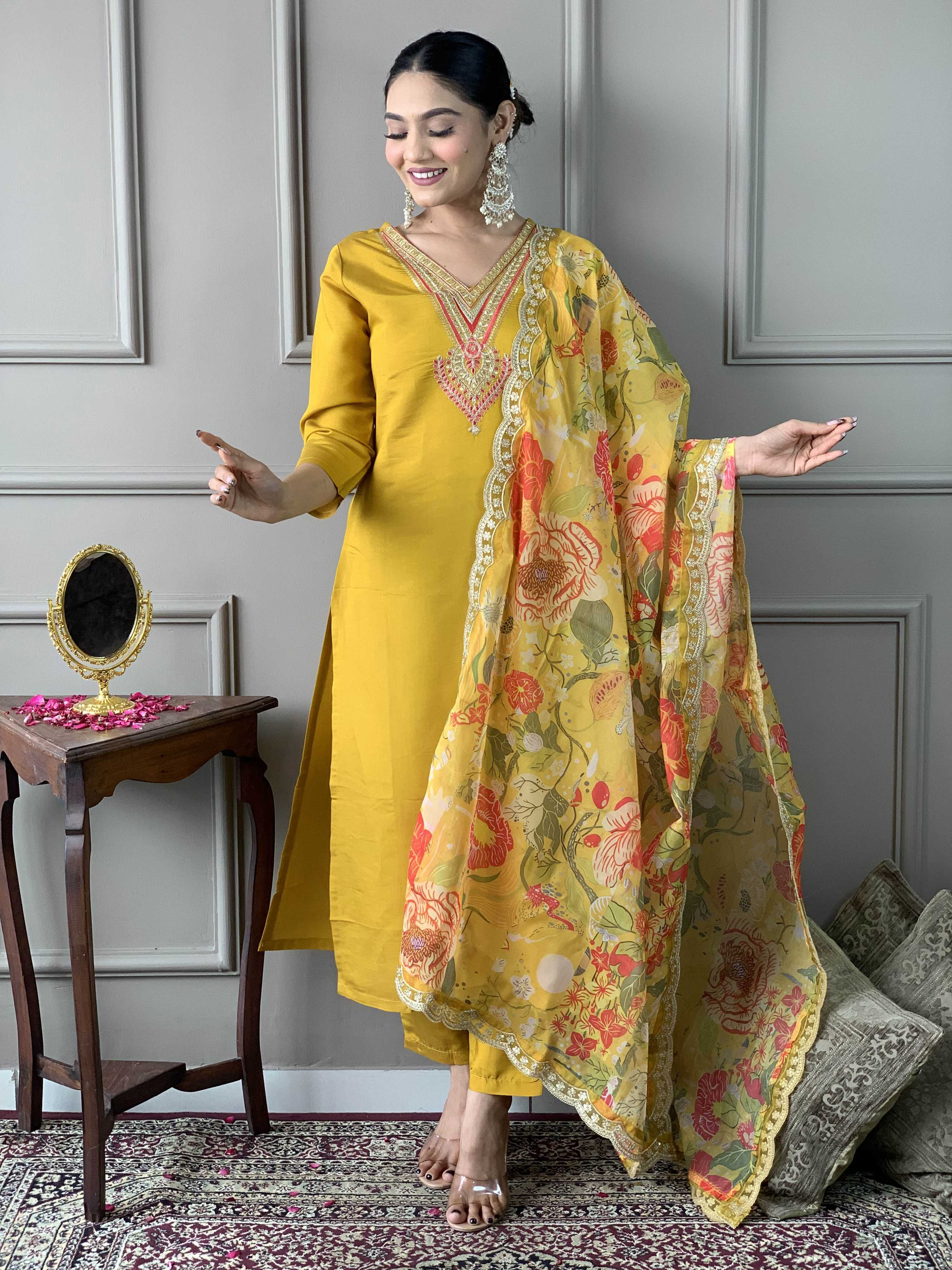 The52 Women's Mustard Chanderi Embroidered Straight Kurta, Pant and Dupatta Set