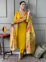 Thumbnail for The52 Women's Mustard Chanderi Embroidered Straight Kurta, Pant and Dupatta Set