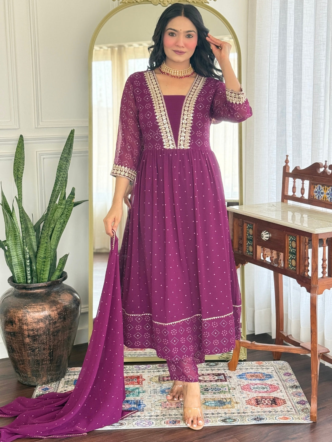 The52 Women Beautiful Georgette Fabric Angrakha Kurta, Pant and Dupatta Set
