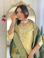 Thumbnail for The52 Yellow Women's Viscose Chanderi Fabric Straight Kurta, Pant and Dupatta Set