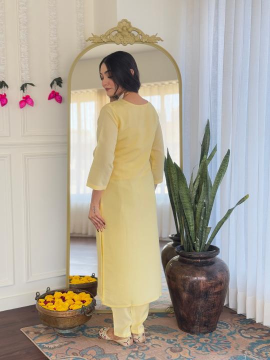 The52 Yellow Women's Viscose Chanderi Fabric Straight Kurta, Pant and Dupatta Set