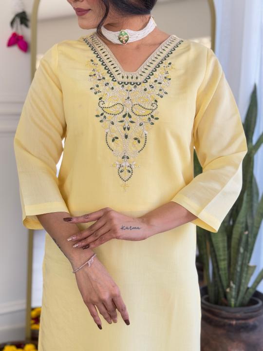 The52 Yellow Women's Viscose Chanderi Fabric Straight Kurta, Pant and Dupatta Set