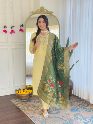 The52 Yellow Women's Viscose Chanderi Fabric Straight Kurta, Pant and Dupatta Set
