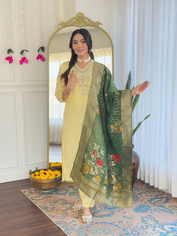 The52 Yellow Women's Viscose Chanderi Fabric Straight Kurta, Pant and Dupatta Set