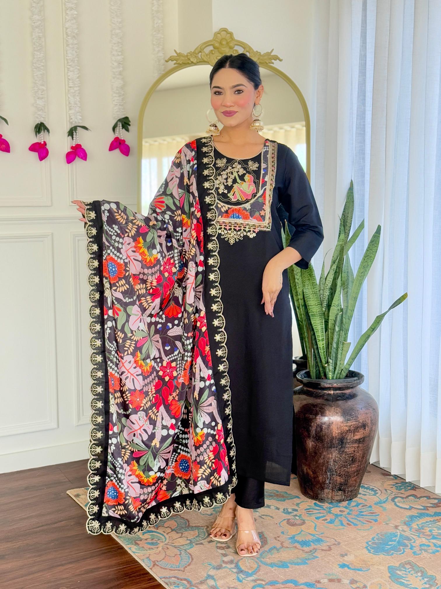 The52 Women's Viscose Chanderi Fabric Straight Kurta, Pant and Dupatta Set