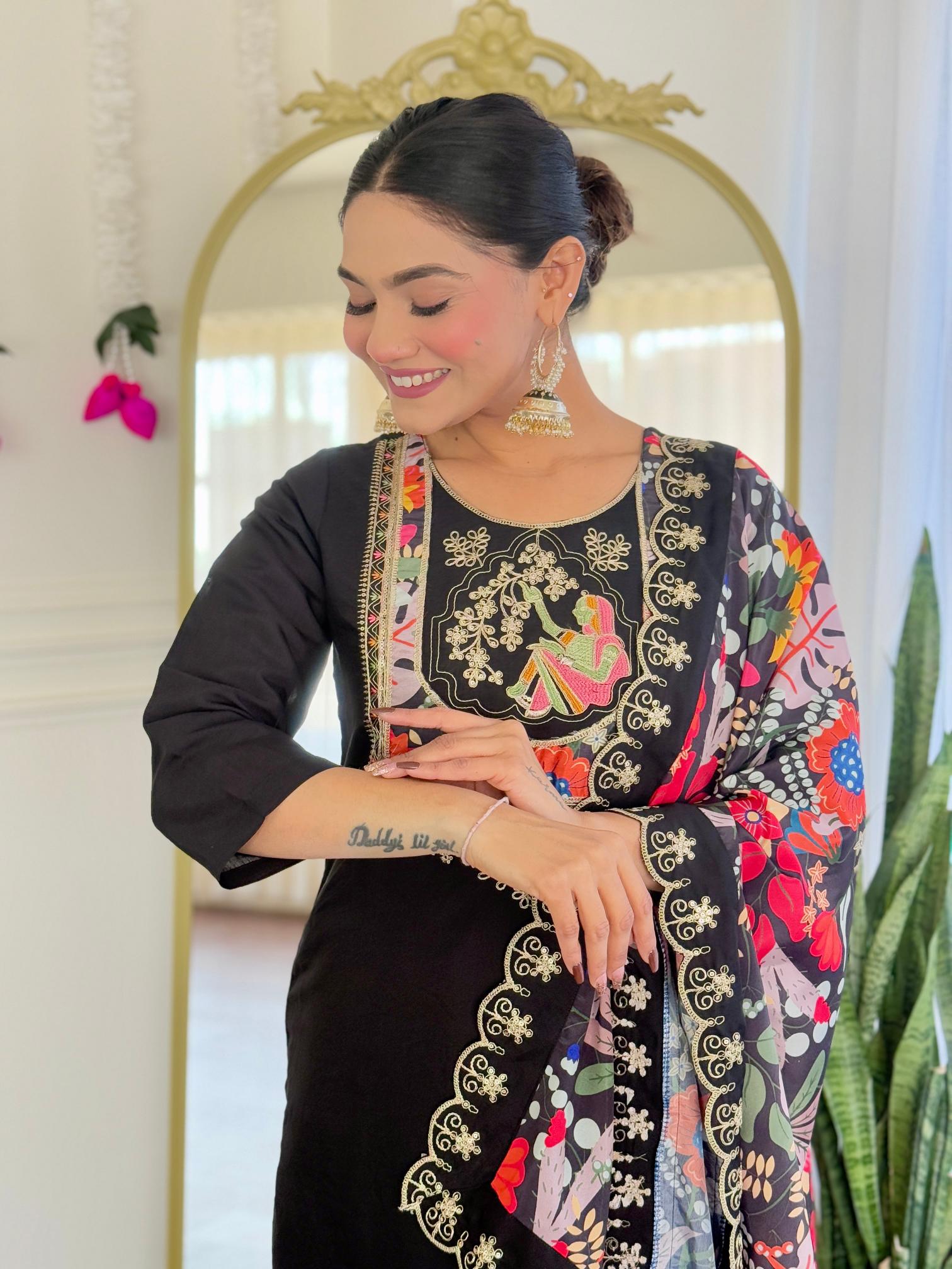 The52 Women's Viscose Chanderi Fabric Straight Kurta, Pant and Dupatta Set