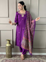 Thumbnail for The52 Women's Wine Rayon Slub Embroidered Straight Kurta, Pant and Dupatta Set