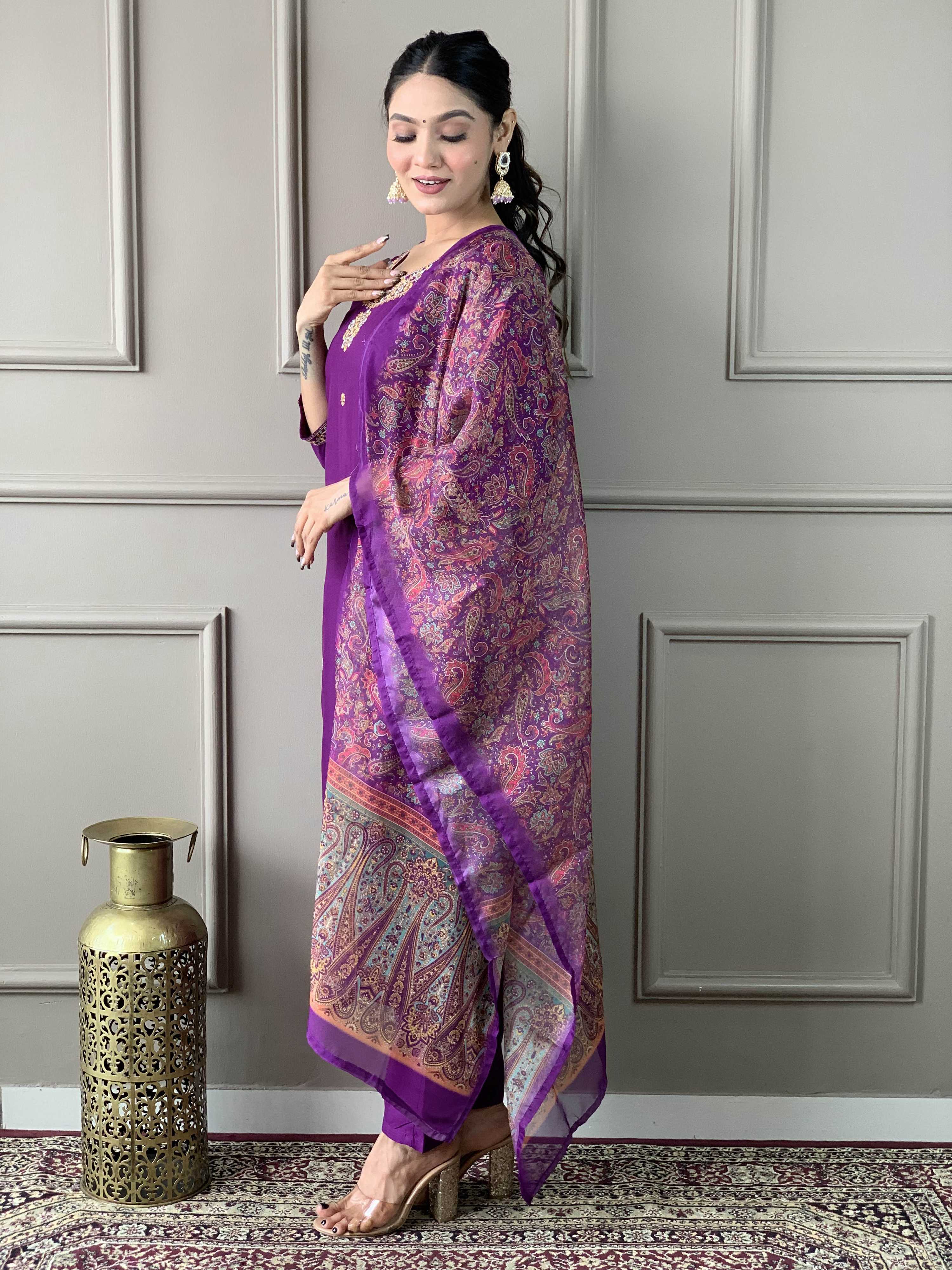 The52 Women's Wine Rayon Slub Embroidered Straight Kurta, Pant and Dupatta Set