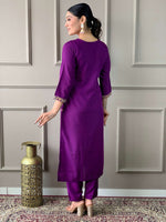Thumbnail for The52 Women's Wine Rayon Slub Embroidered Straight Kurta, Pant and Dupatta Set