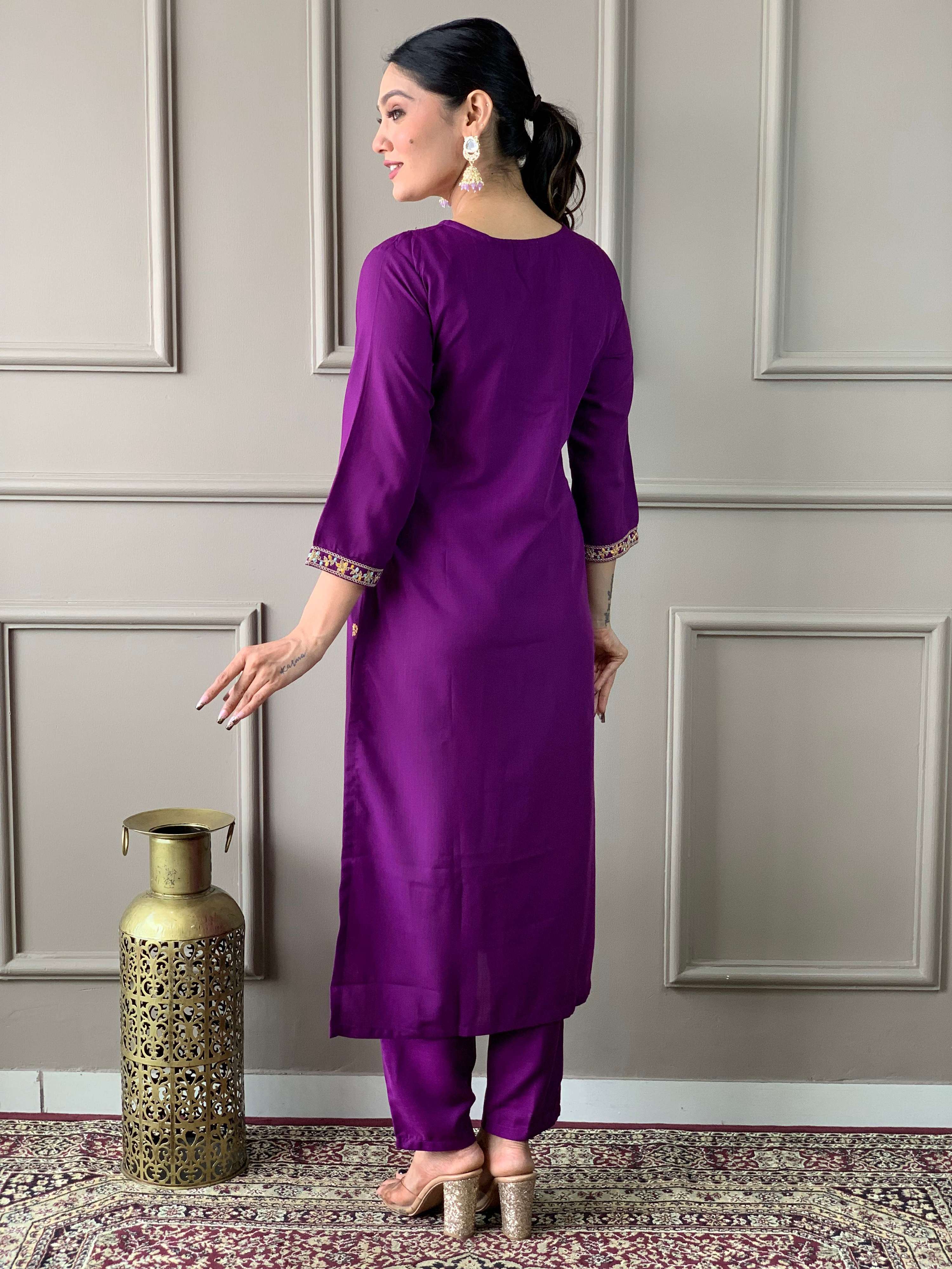 The52 Women's Wine Rayon Slub Embroidered Straight Kurta, Pant and Dupatta Set