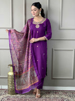 Thumbnail for The52 Women's Wine Rayon Slub Embroidered Straight Kurta, Pant and Dupatta Set