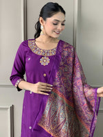 Thumbnail for The52 Women's Wine Rayon Slub Embroidered Straight Kurta, Pant and Dupatta Set