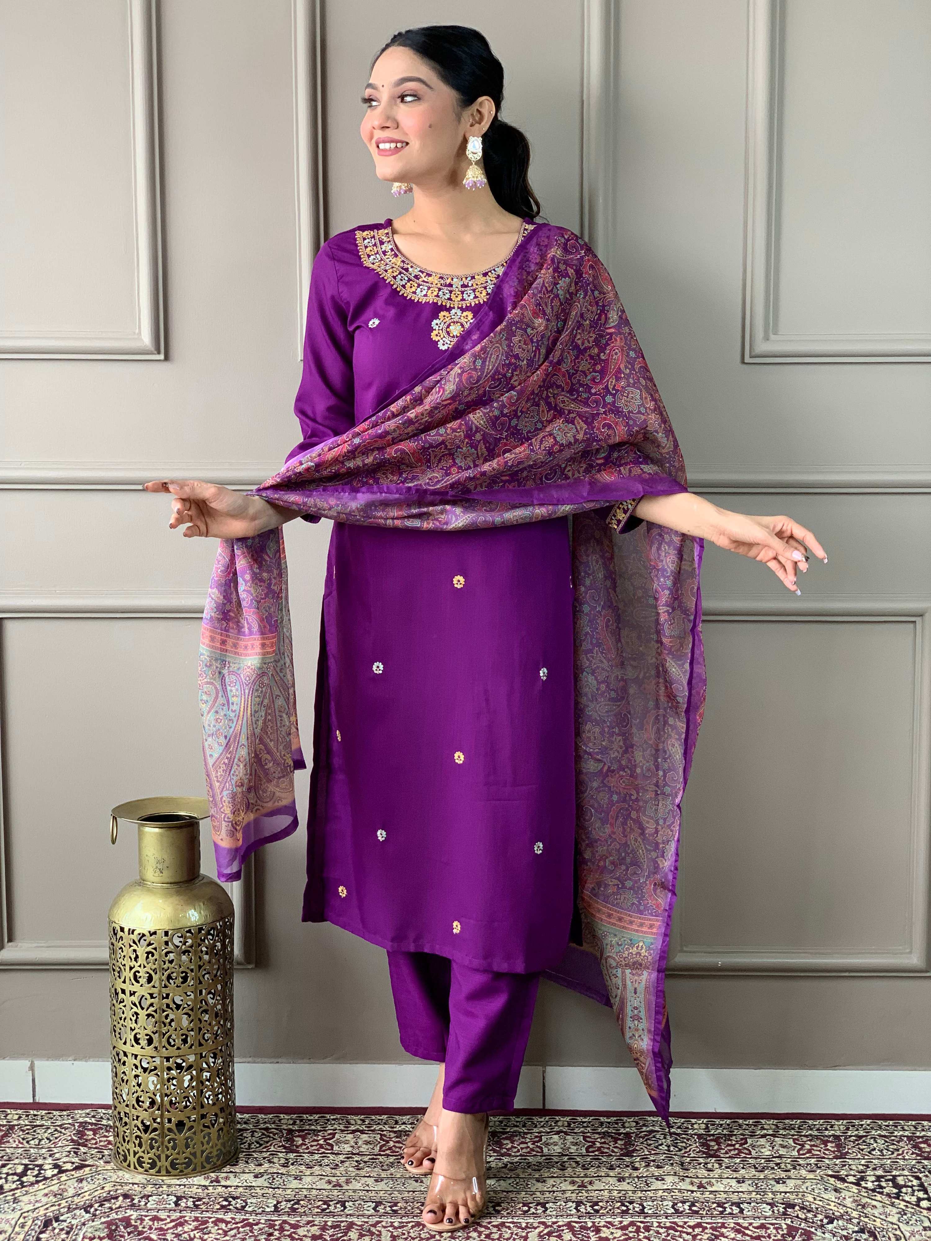 The52 Women's Wine Rayon Slub Embroidered Straight Kurta, Pant and Dupatta Set