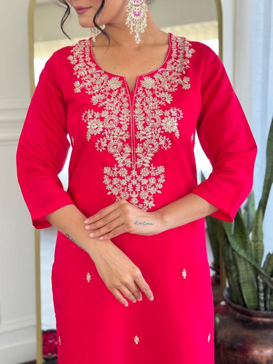 The52 Women Gorgeous Roman Silk Fabric Straight Kurta, Pant and Dupatta Set