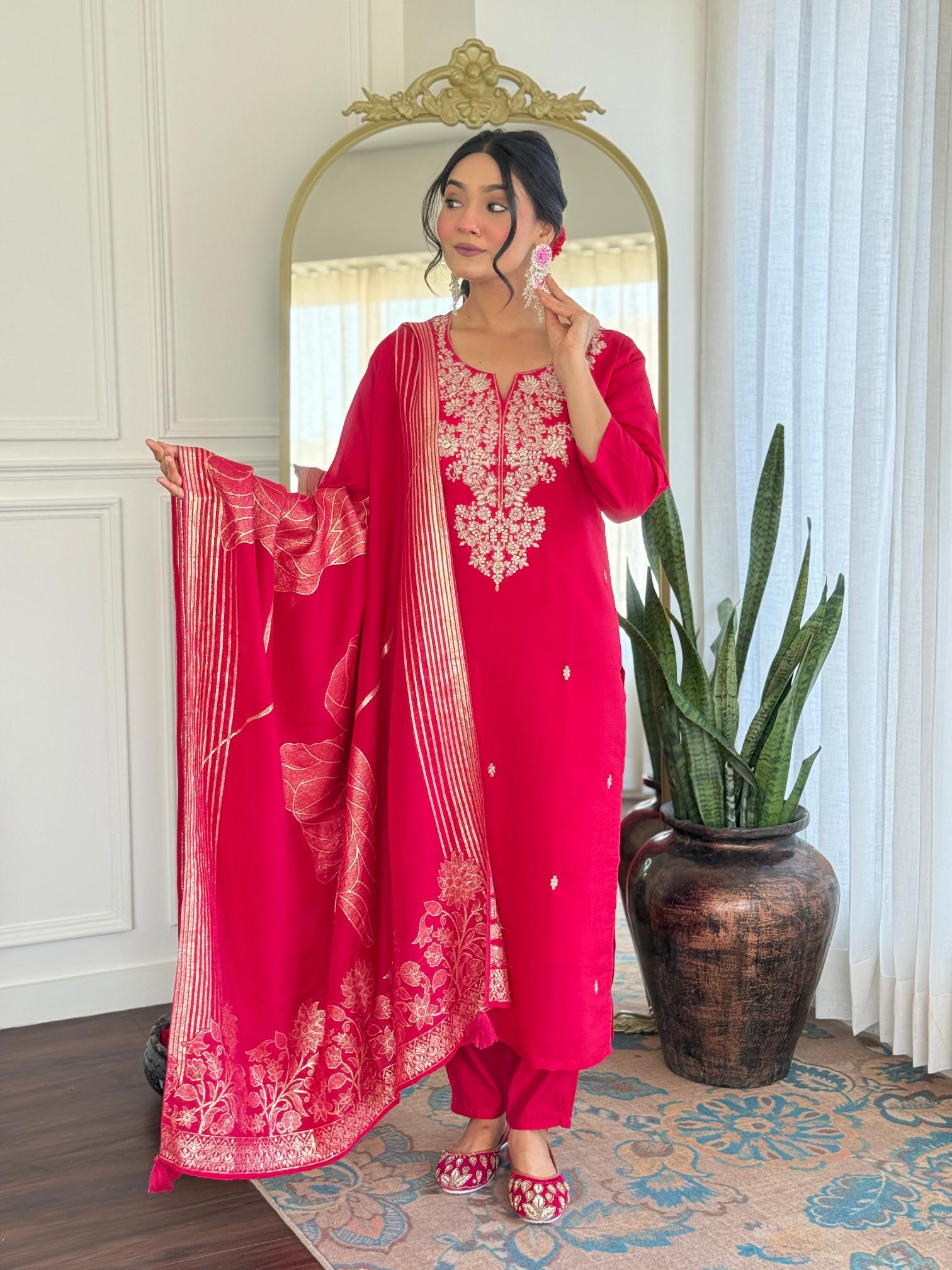 The52 Women Gorgeous Roman Silk Fabric Straight Kurta, Pant and Dupatta Set