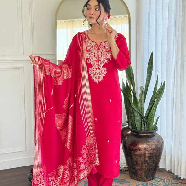 The52 Women Gorgeous Roman Silk Fabric Straight Kurta, Pant and Dupatta Set - Distacart