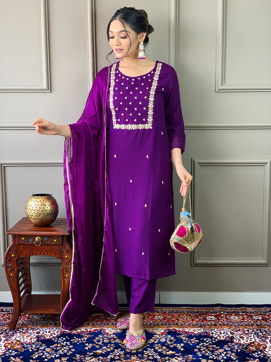 The52 Violet Rayon Slub Fabric Embroidered work Straight cut Kurta, Pant and Dupatta Set
