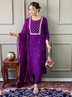 Thumbnail for The52 Violet Rayon Slub Fabric Embroidered work Straight cut Kurta, Pant and Dupatta Set