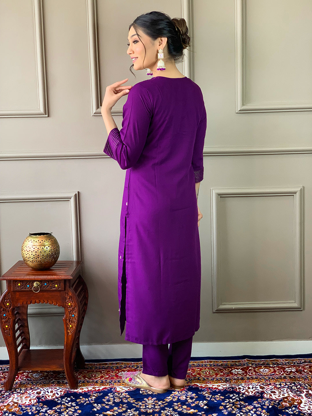 The52 Violet Rayon Slub Fabric Embroidered work Straight cut Kurta, Pant and Dupatta Set