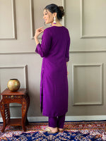 Thumbnail for The52 Violet Rayon Slub Fabric Embroidered work Straight cut Kurta, Pant and Dupatta Set