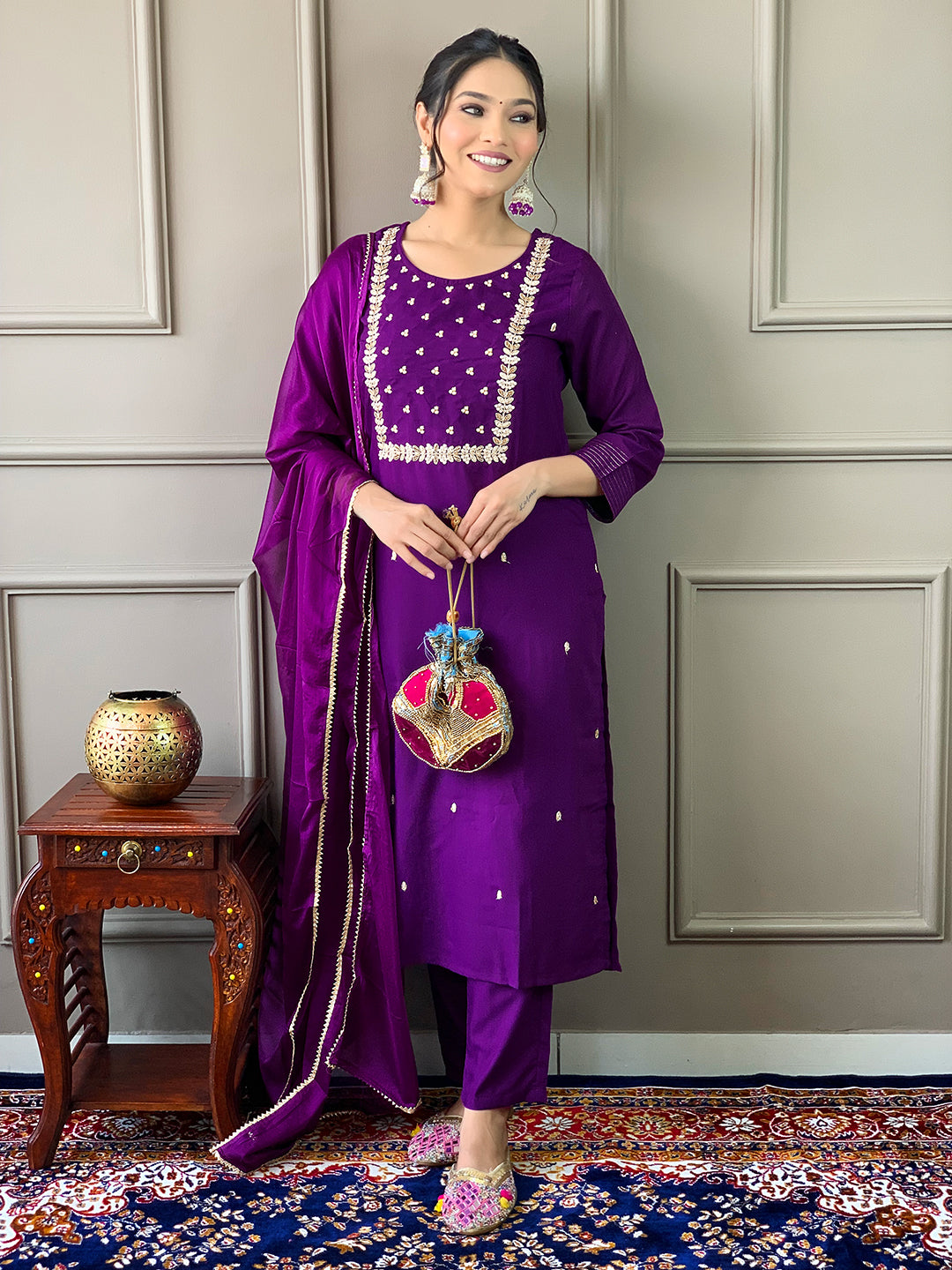 The52 Violet Rayon Slub Fabric Embroidered work Straight cut Kurta, Pant and Dupatta Set