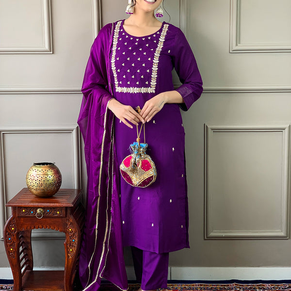 The52 Violet Rayon Slub Fabric Embroidered work Straight cut Kurta, Pant and Dupatta Set - Distacart