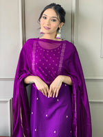 Thumbnail for The52 Violet Rayon Slub Fabric Embroidered work Straight cut Kurta, Pant and Dupatta Set