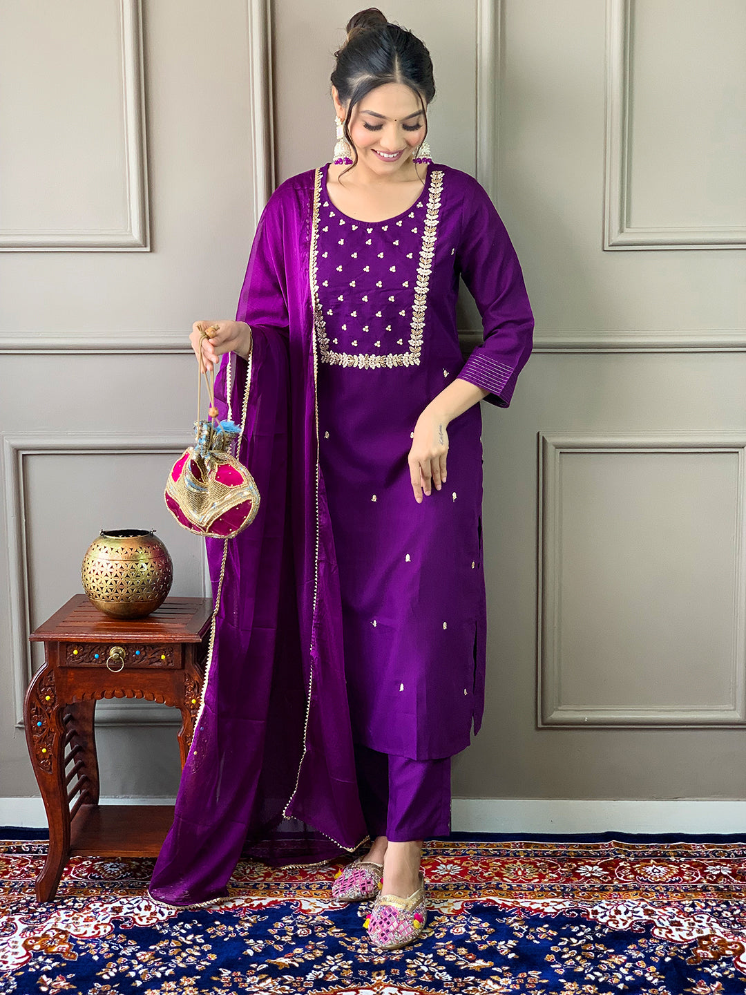 The52 Violet Rayon Slub Fabric Embroidered work Straight cut Kurta, Pant and Dupatta Set