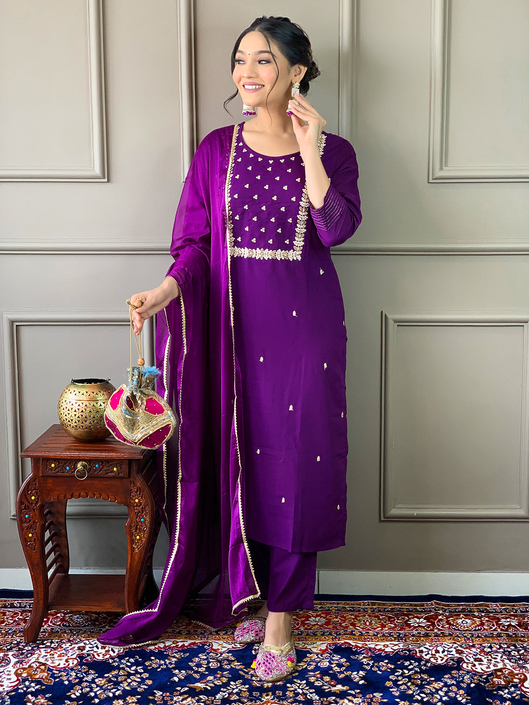 The52 Violet Rayon Slub Fabric Embroidered work Straight cut Kurta, Pant and Dupatta Set