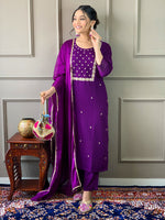 Thumbnail for The52 Violet Rayon Slub Fabric Embroidered work Straight cut Kurta, Pant and Dupatta Set