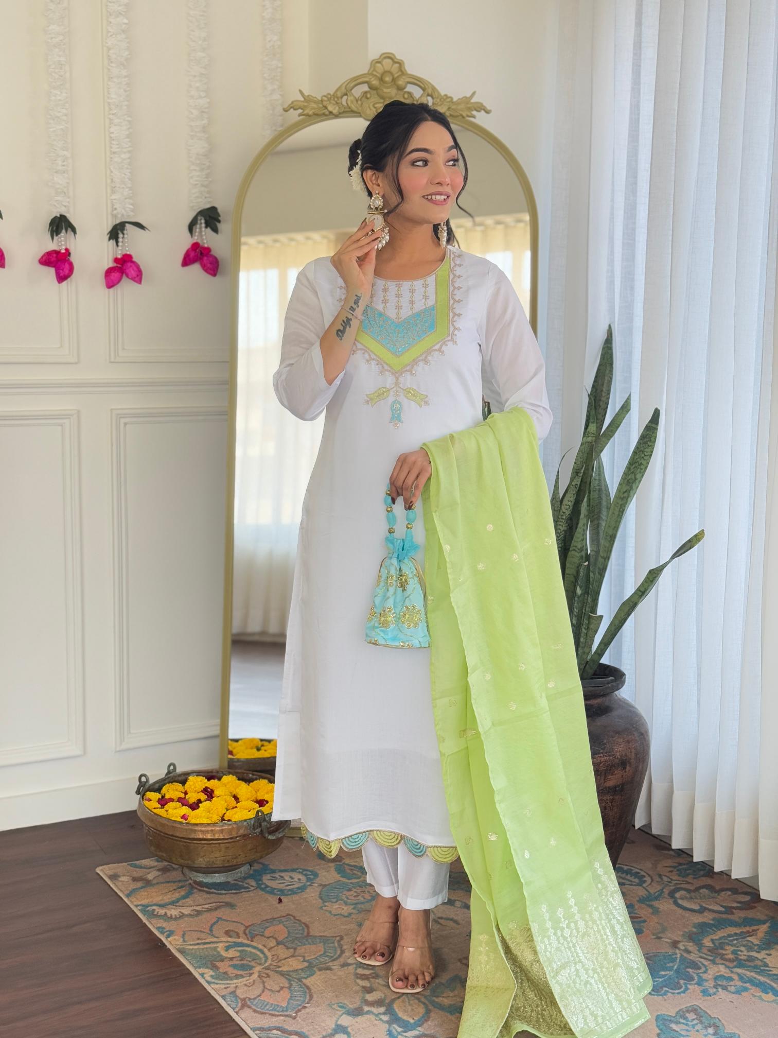 The52 White Women's Viscose Chanderi Fabric Straight Kurta, Pant and Dupatta Set