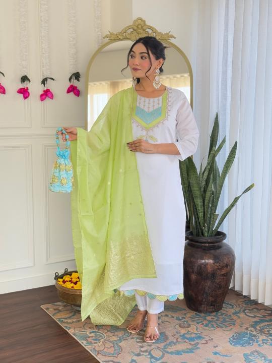 The52 White Women's Viscose Chanderi Fabric Straight Kurta, Pant and Dupatta Set