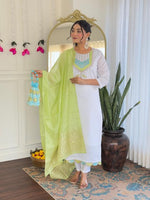 Thumbnail for The52 White Women's Viscose Chanderi Fabric Straight Kurta, Pant and Dupatta Set