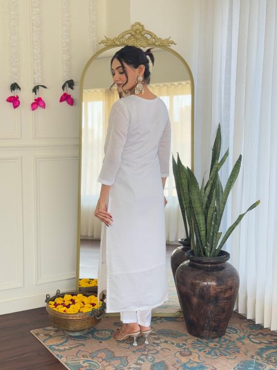 The52 White Women's Viscose Chanderi Fabric Straight Kurta, Pant and Dupatta Set