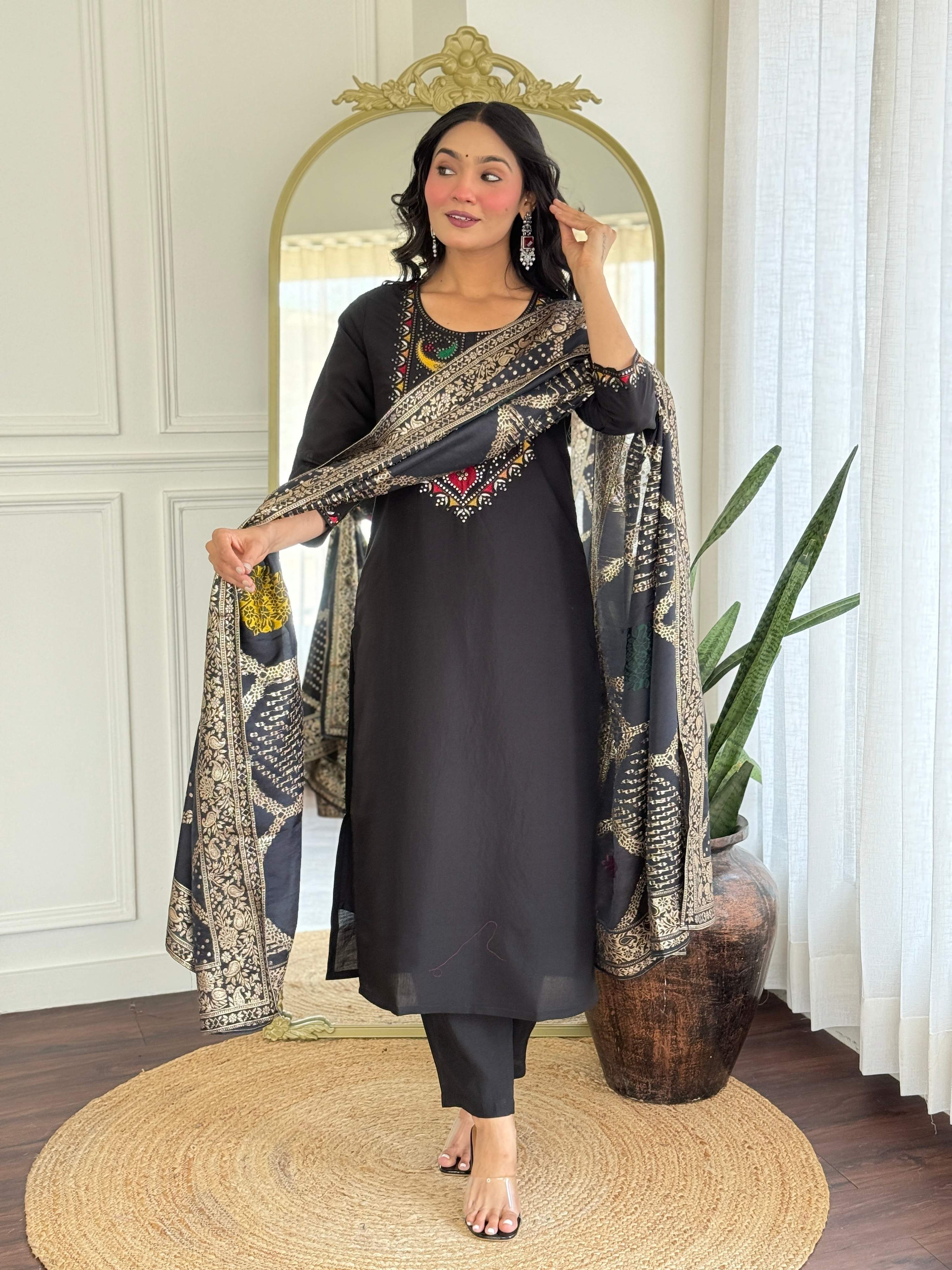The52 Women Gorgeous Roman Silk Fabric Straight Kurta, Pant and Dupatta Set