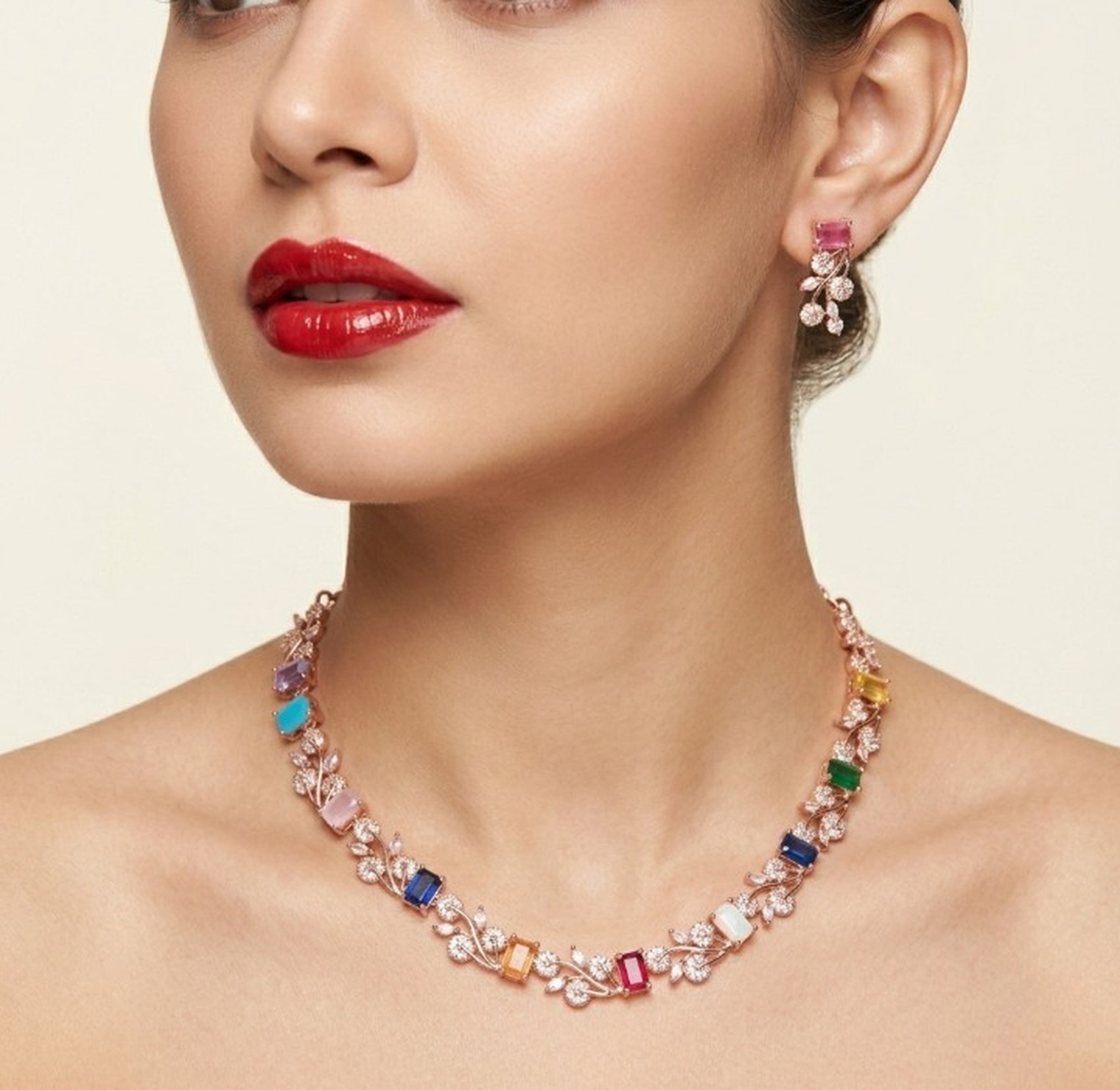 Jewel City Multi-Color Gemstone Floral Necklace Set - Handcrafted 18K Rose Gold Plated Jewellery for Weddings & Parties - Distacart