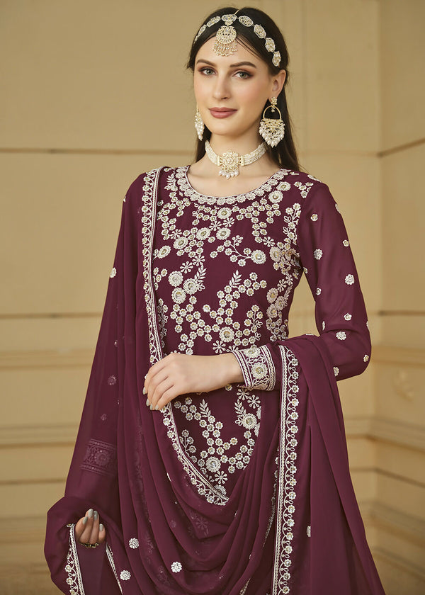 Burgundy Wine Embroidered Georgette Gharara Style Suit - Emponline - Distacart