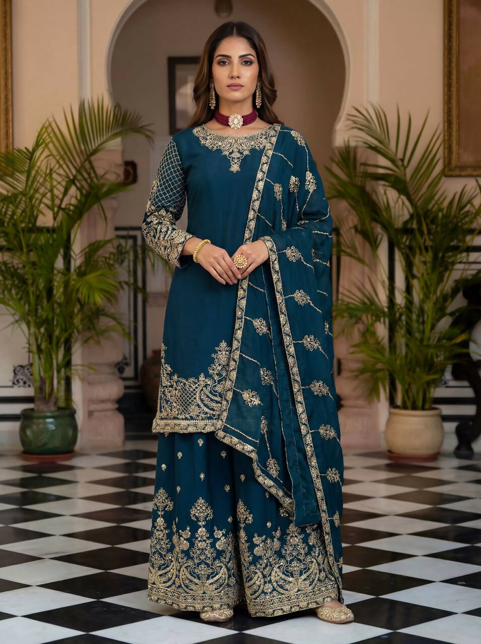 Joban Fashion Teal Silk Embroidered Sharara Set - Distacart