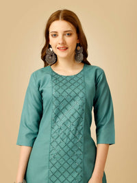 Thumbnail for Jyoti Fashion Women's Teal Cotton Blend Embroidered Kurta Pant Set - Distacart