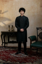 Thumbnail for Falling Raw Silk Black Kajal Phool Kurta Set By Hilo Design