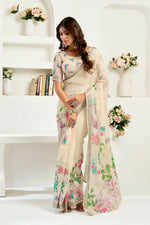 Thumbnail for Vastranavya Cream Digital Printed Linen Ready To Wear Designer Saree with Unstitched Blouse - Distacart