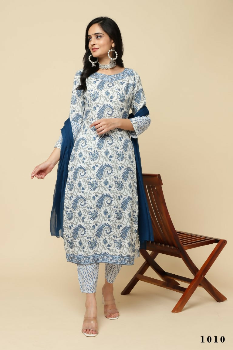 Designer Stylish White Keri cotton Stitched Suit With Dupatta - Tanisha - Distacart