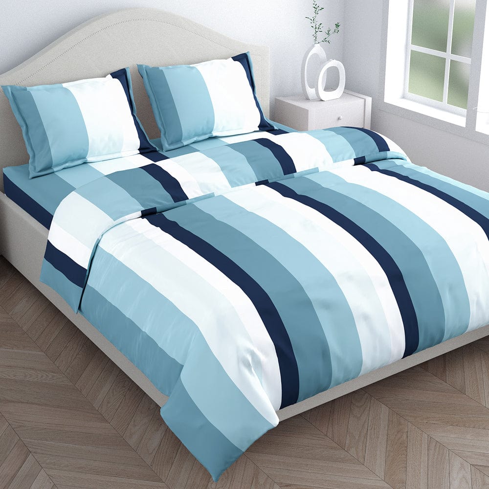 Haus & Kinder Coastal Stripes Navy 100% Cotton Double Fitted Bedsheet, 186 TC - Dista