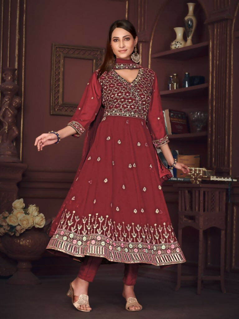 Jyoti Fashion Women's Maroon Georgette Embroidered Anarkali Kurta Pant Set With Dupatta - Distacart