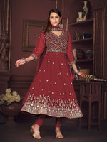 Thumbnail for Jyoti Fashion Women's Maroon Georgette Embroidered Anarkali Kurta Pant Set With Dupatta - Distacart