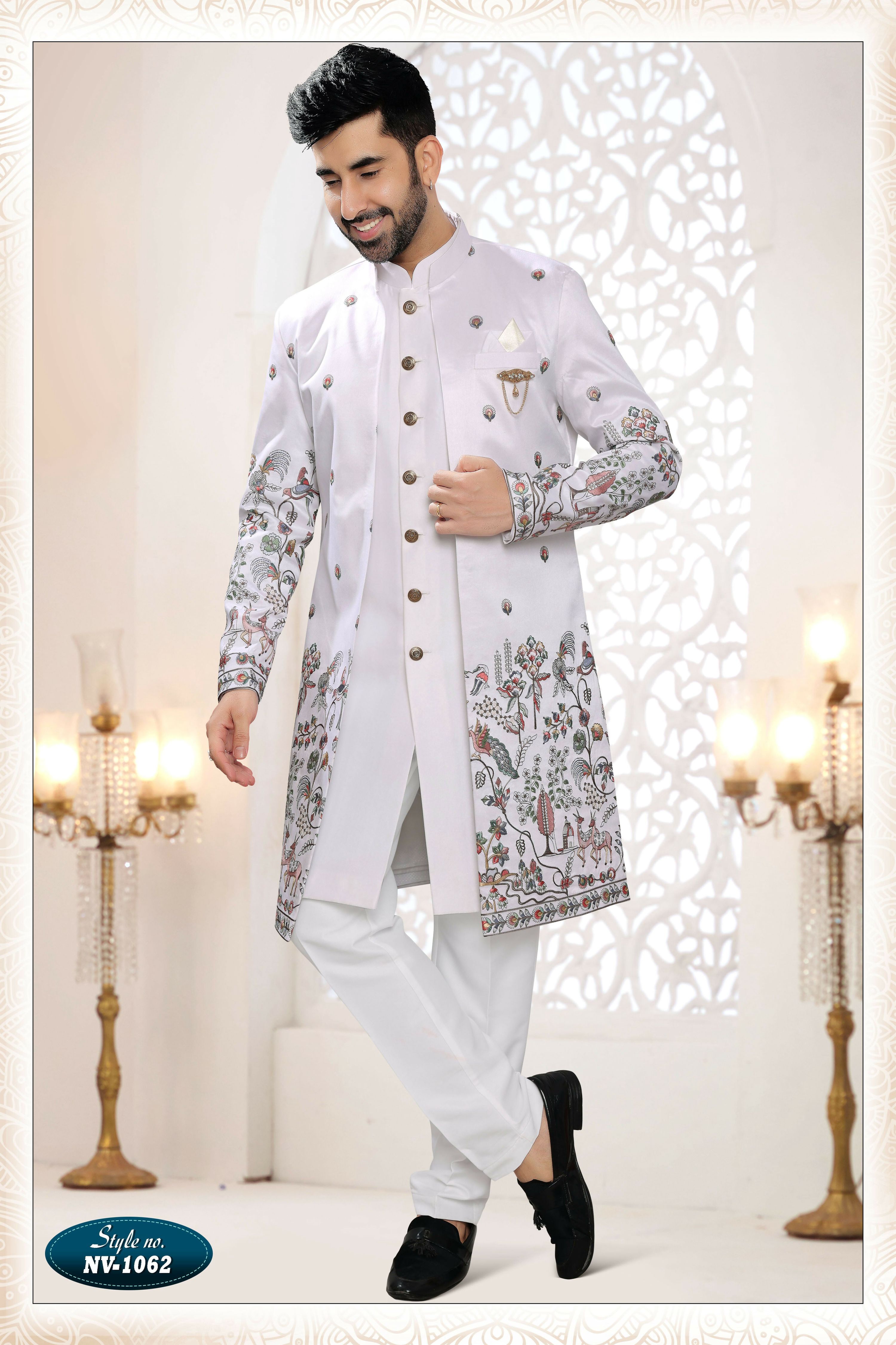 Joban Fashion Men's White Straight Silk Thread And Sequence Embroidery All Over 3 Pc Kurta Set - Distacart