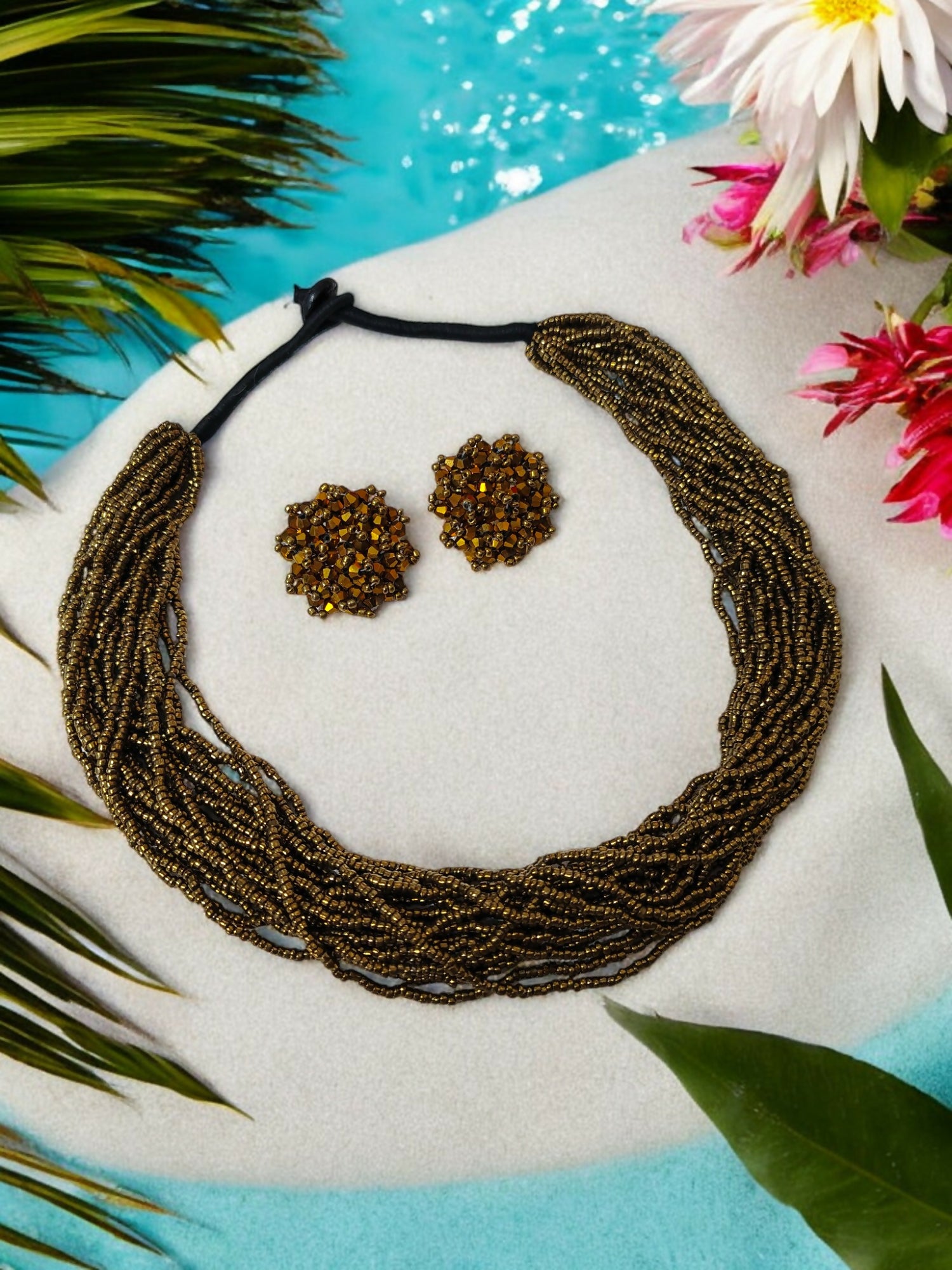 Inhanns Vibrant Handmade 20 Layers Beaded Necklace With Matching Earrings - Golden - Distacart