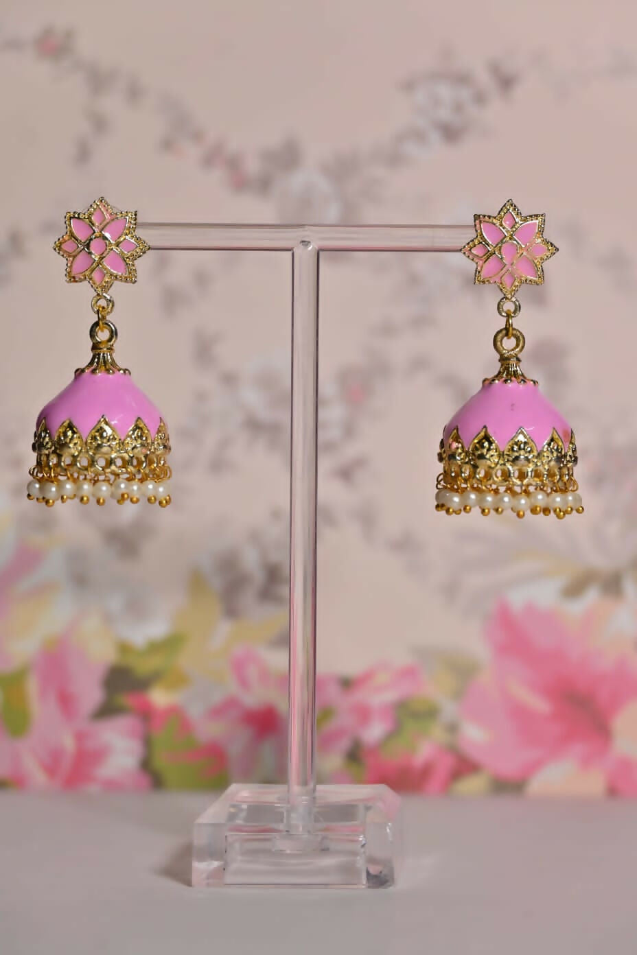Pink Enamel Small Jhumki Earrings By House of Ree - Distacart