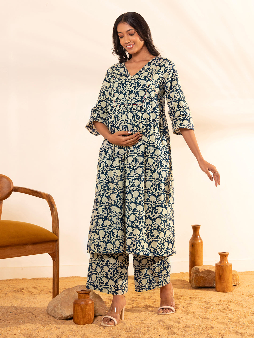 Janasya Teal Blue Cotton Floral Printed Casual Maternity Set - Distacart